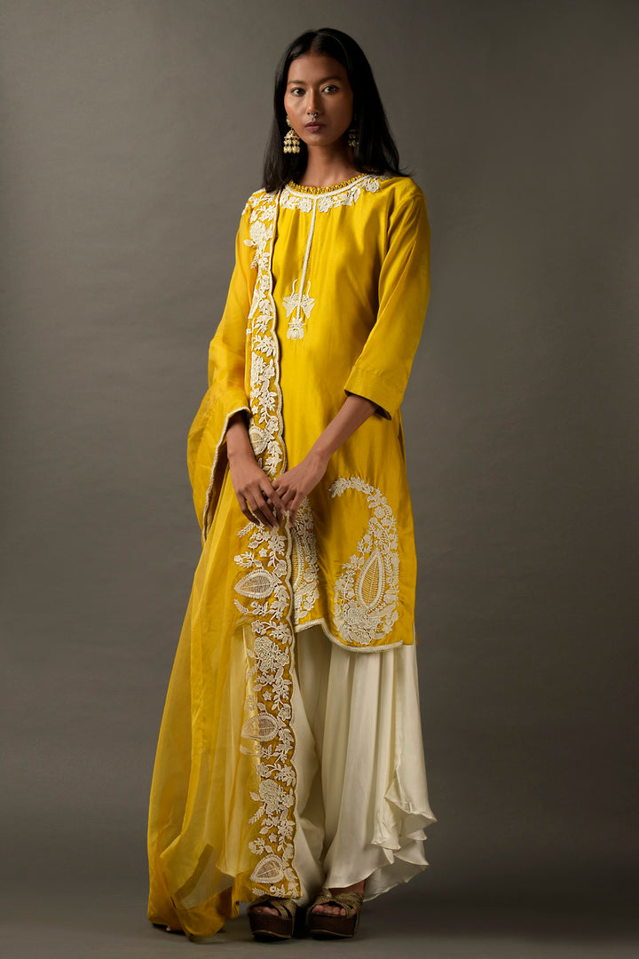 Mustard Yellow with White Potli Work Suit