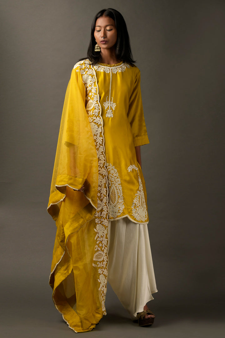 Mustard Yellow with White Potli Work Suit