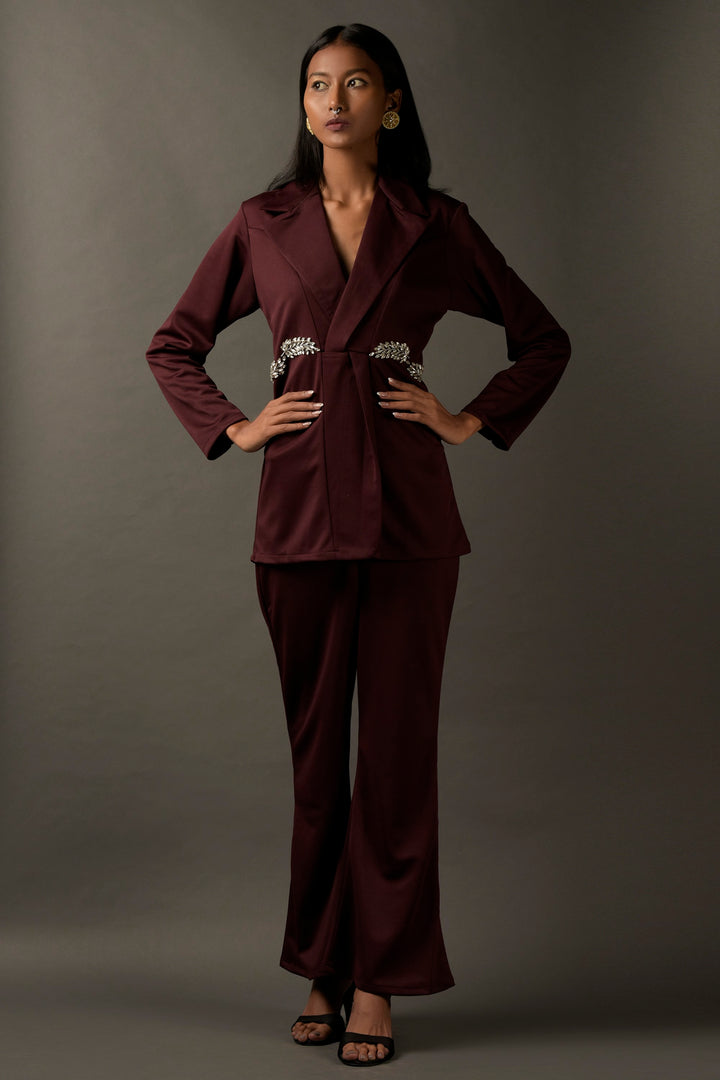 Burgundy Lycra Embroidered Co-ord Set