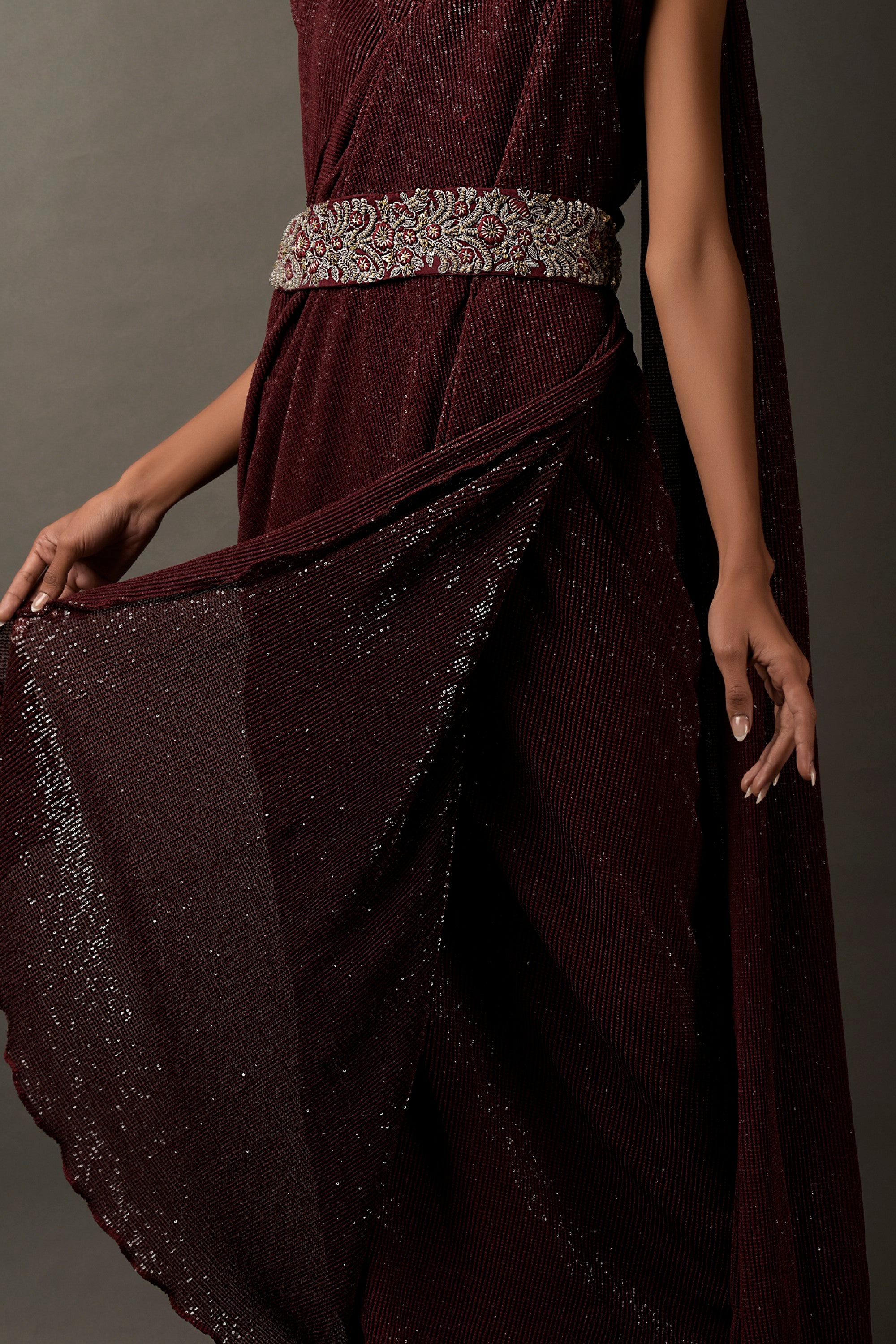 Maroon Lycra Embellished Dress