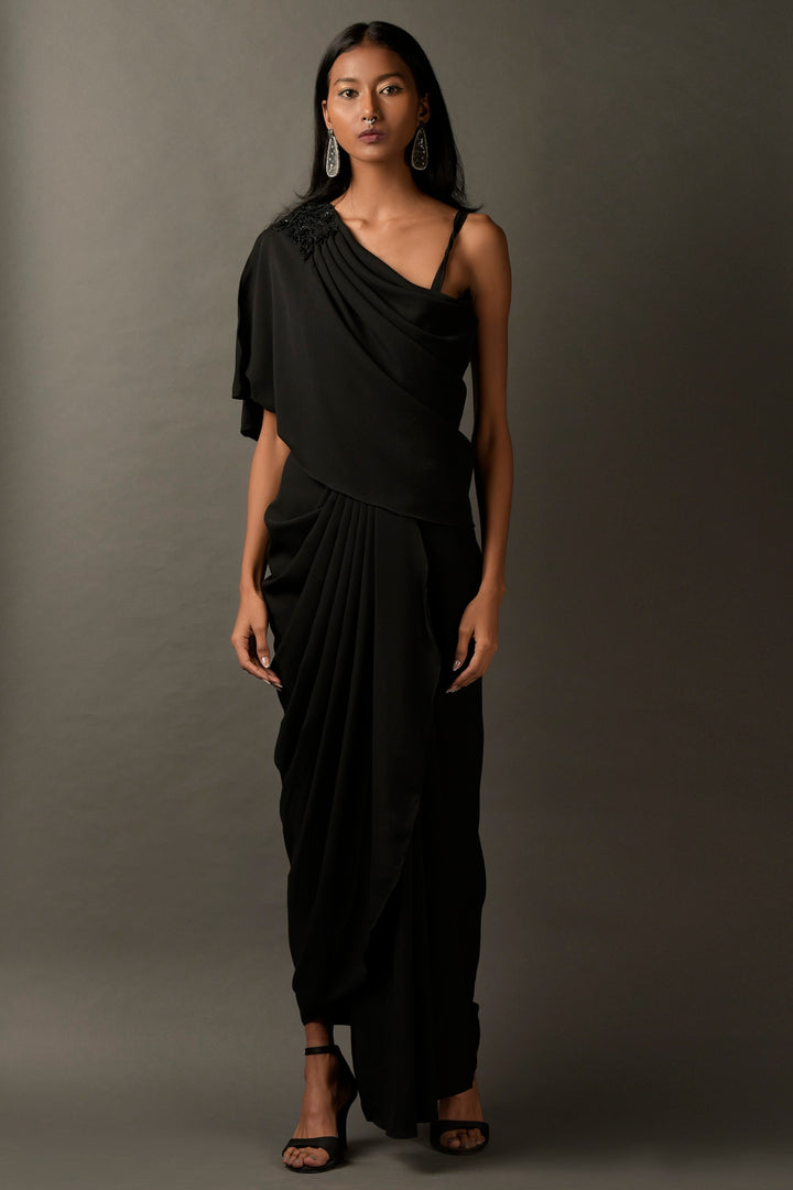 Black Lycra Embroidered Draped Dress