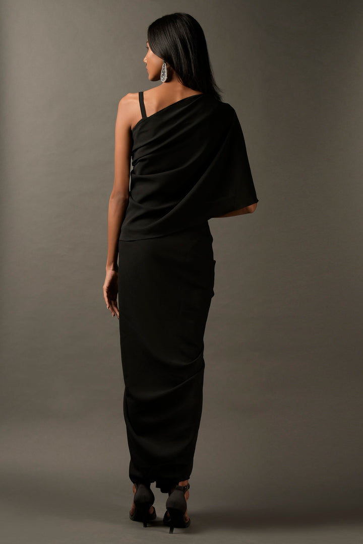 Black Lycra Embroidered Draped Dress