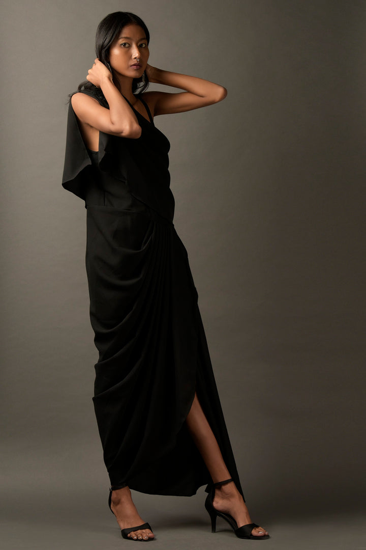 Black Lycra Embroidered Draped Dress