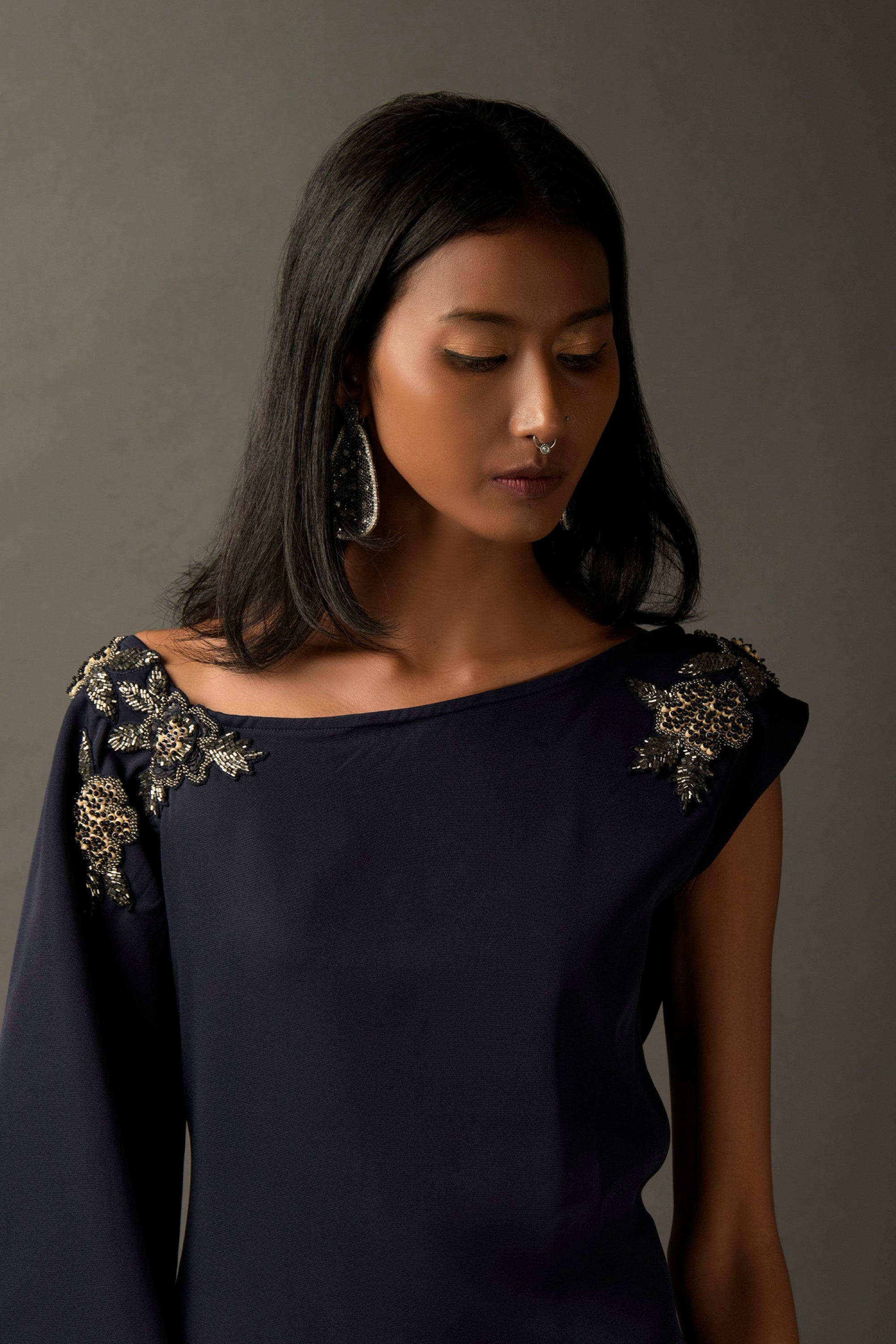 Navy Blue Lycra Embroidered Tunic Set
