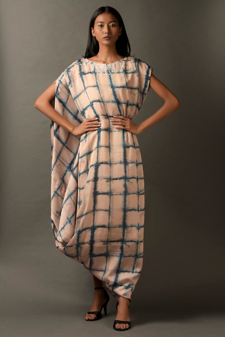 Beige Tie Dye Check Print Kaftan Style Dress