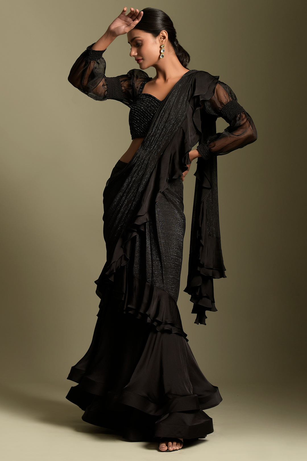 Black Georgette Pre-Draped Saree Set