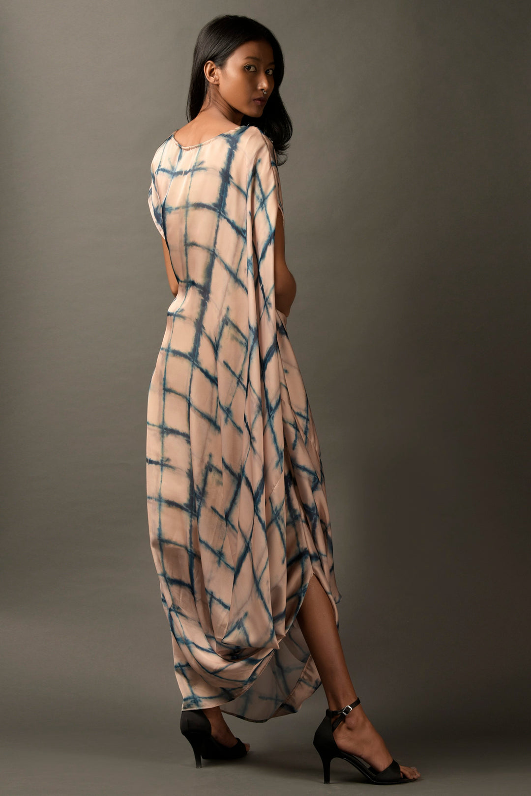 Beige Tie Dye Check Print Kaftan Style Dress