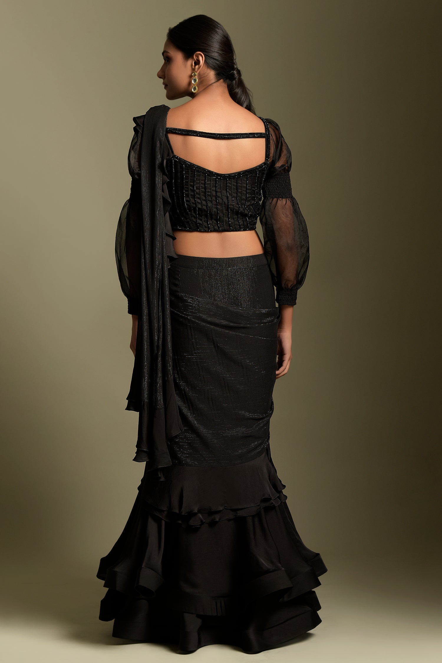 Black Georgette Pre-Draped Saree Set