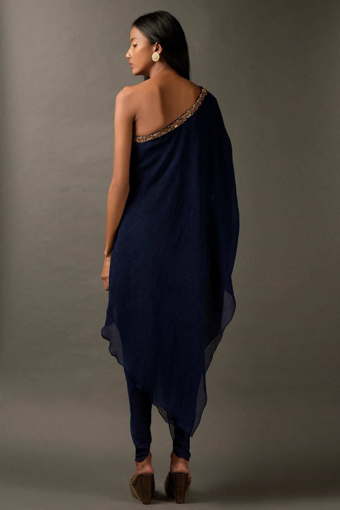 Navy Blue Georgette Embroidered one Shoulder Kaftan