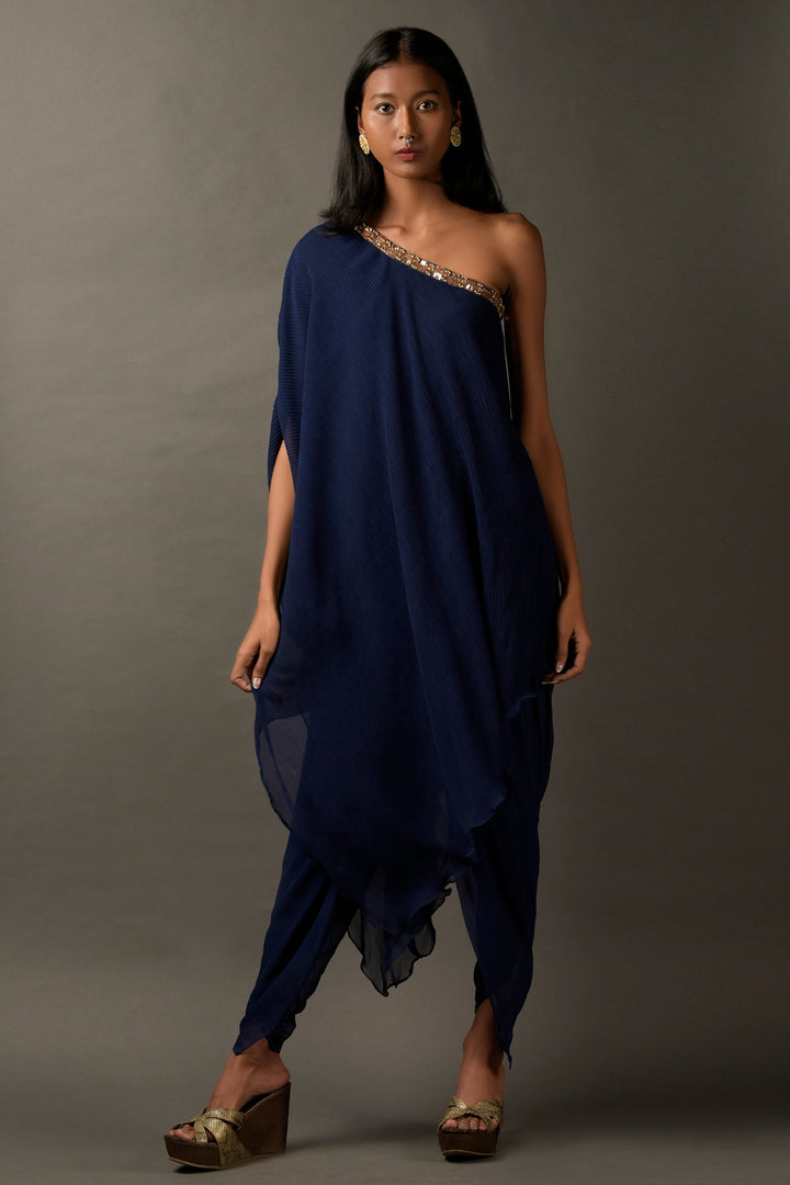 Navy Blue Georgette Embroidered one Shoulder Kaftan