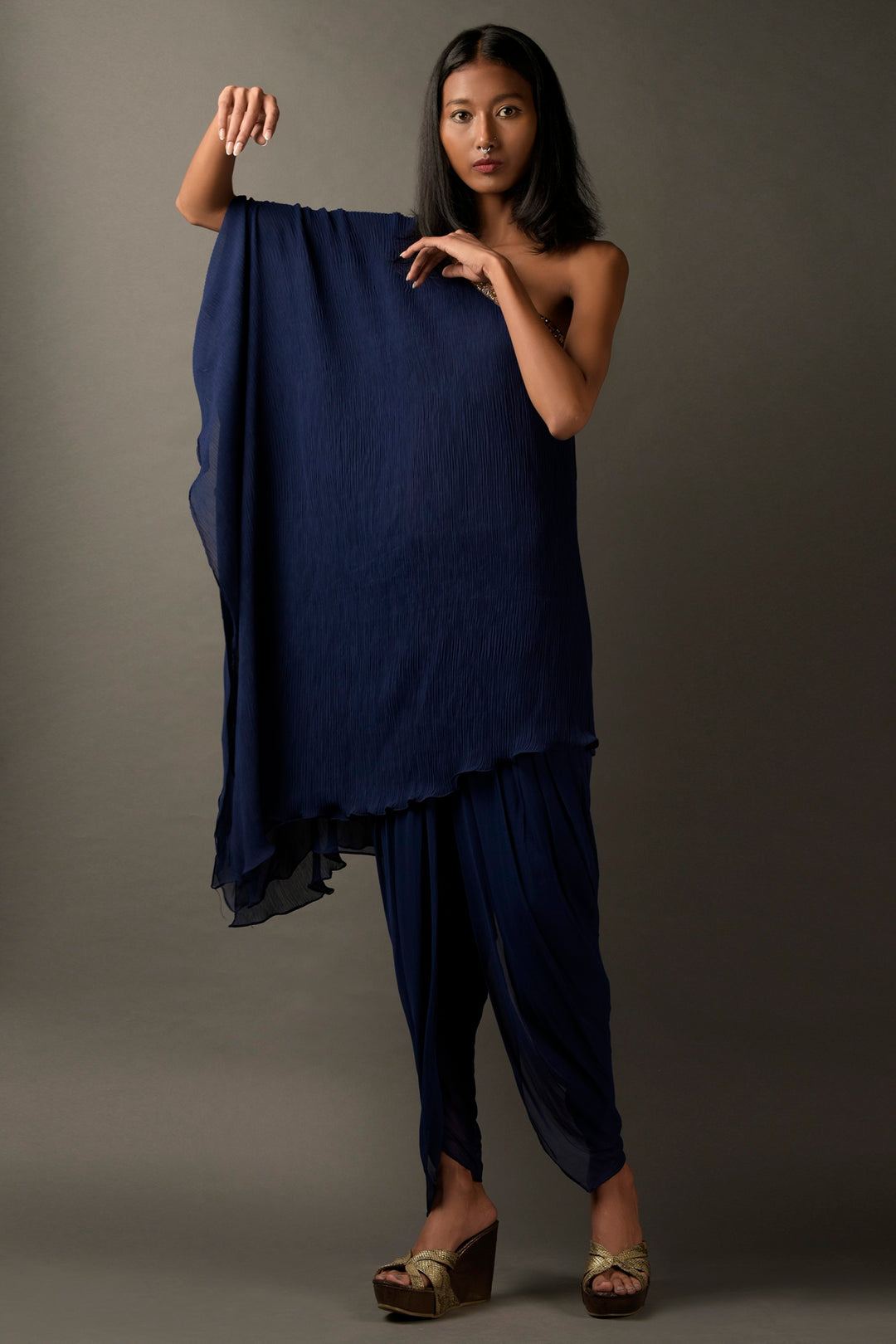 Navy Blue Georgette Embroidered one Shoulder Kaftan