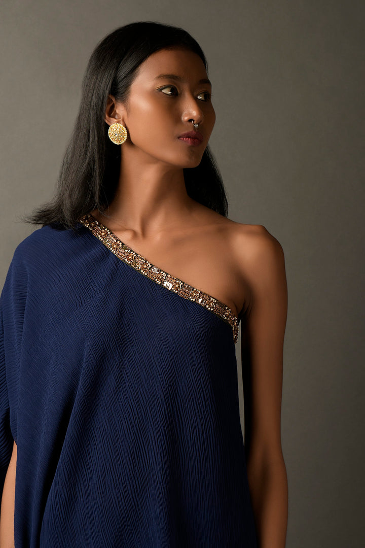 Navy Blue Georgette Embroidered one Shoulder Kaftan