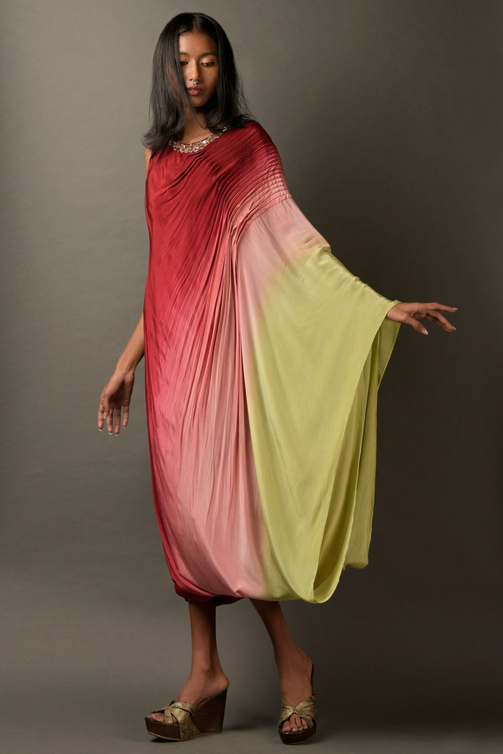 Multicolored Ombre Satin Embroidered Dress