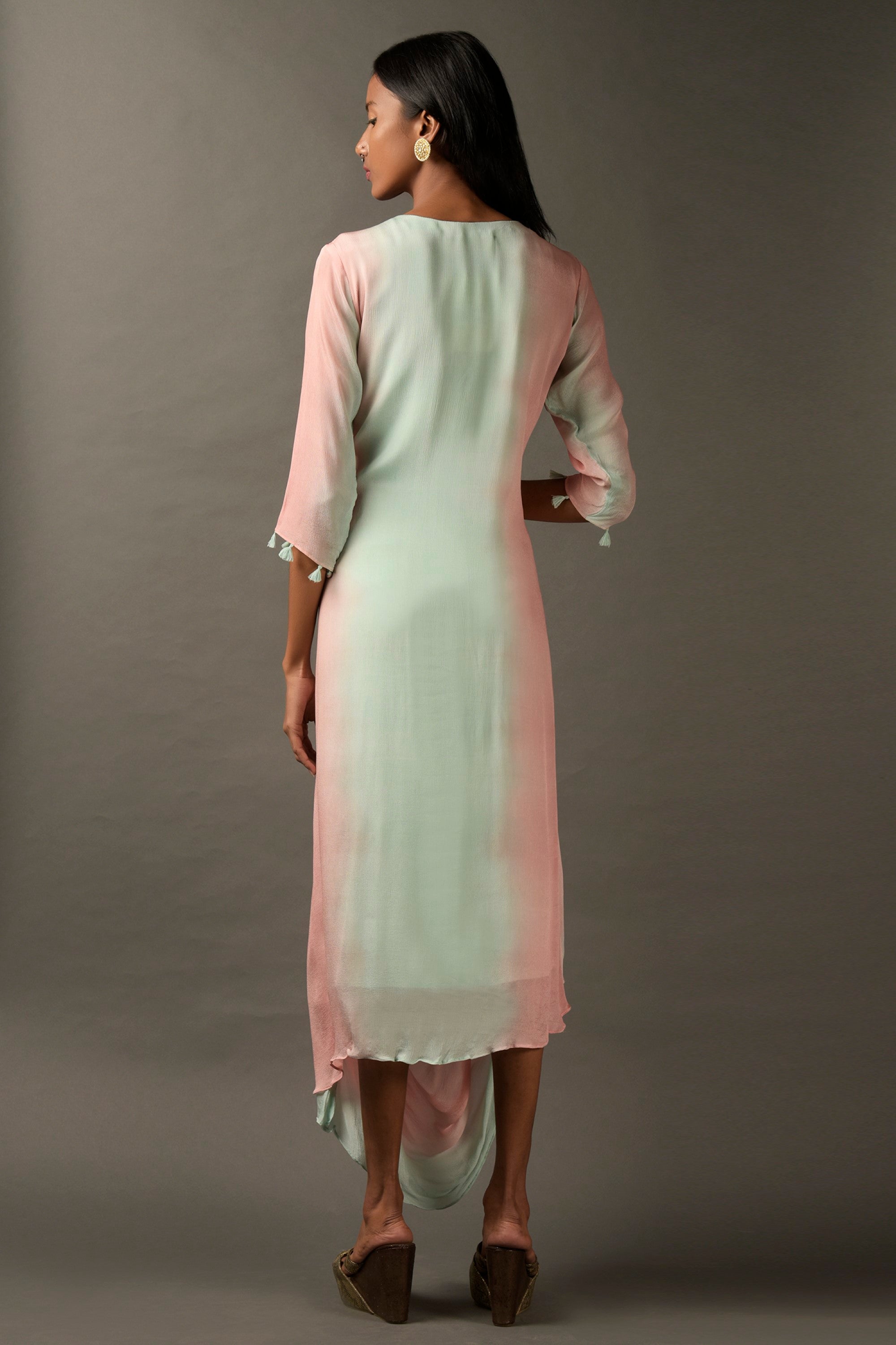 Pastel Pink & Blue Georgette Embroidered Draped Dress