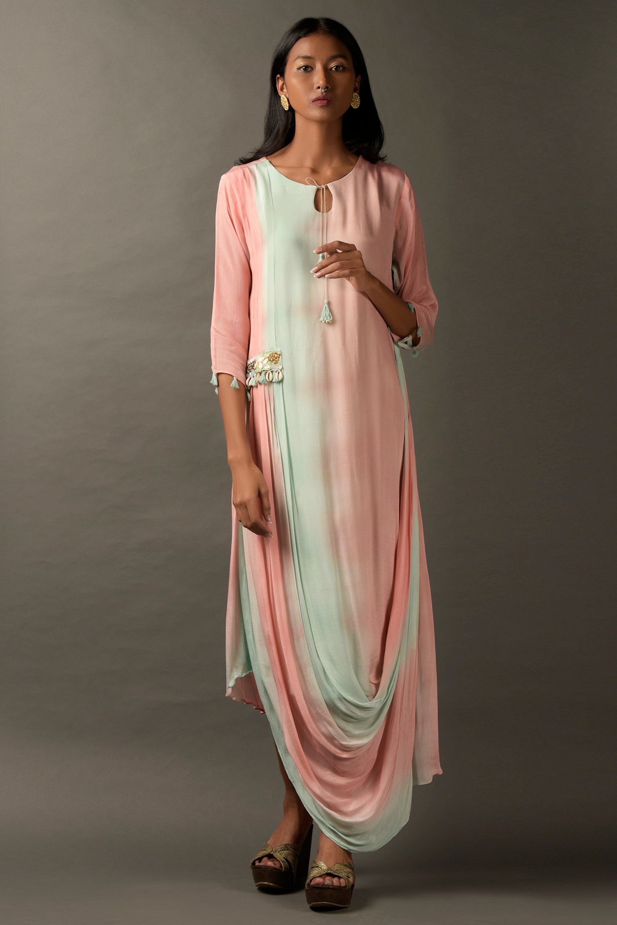 Pastel Pink & Blue Georgette Embroidered Draped Dress