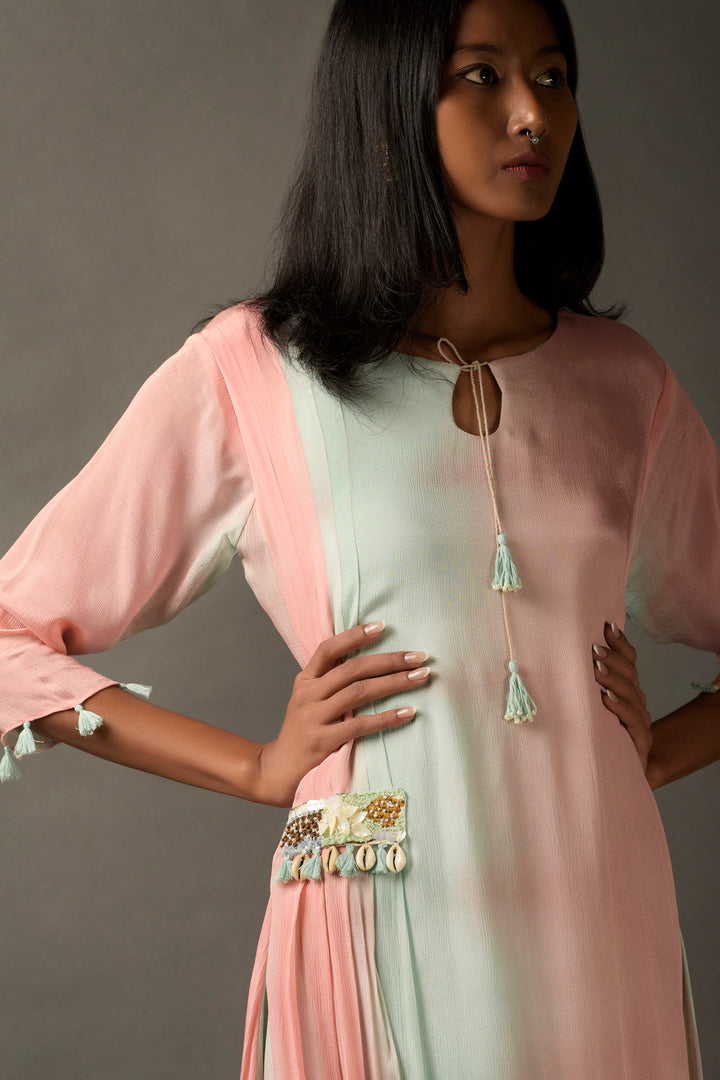 Pastel Pink & Blue Georgette Embroidered Draped Dress