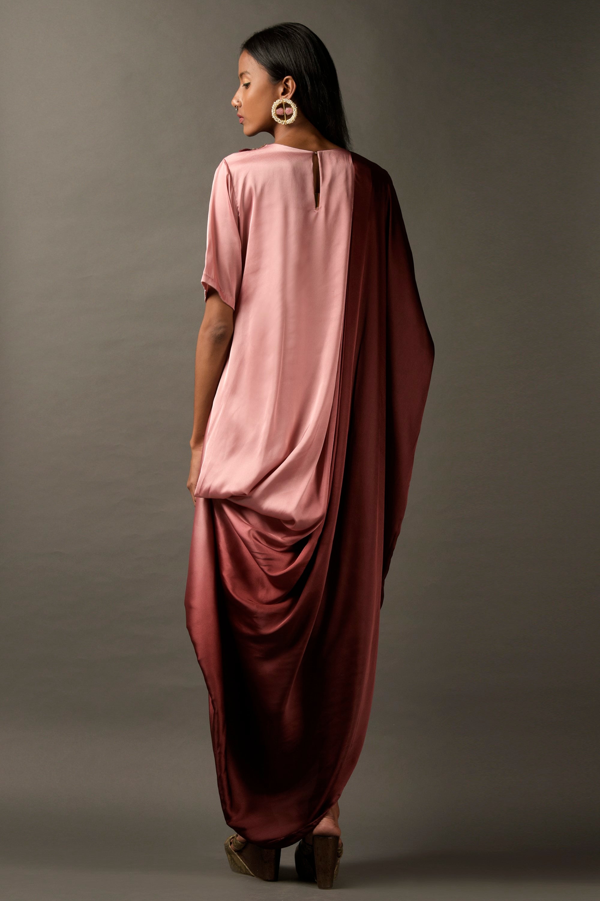Pink & Maroon Ombre Satin Embroidered Dress