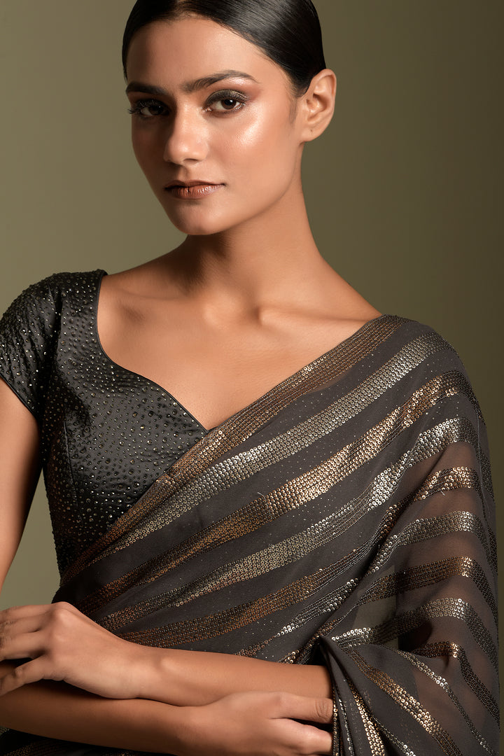 Grey Embroidered Saree Set