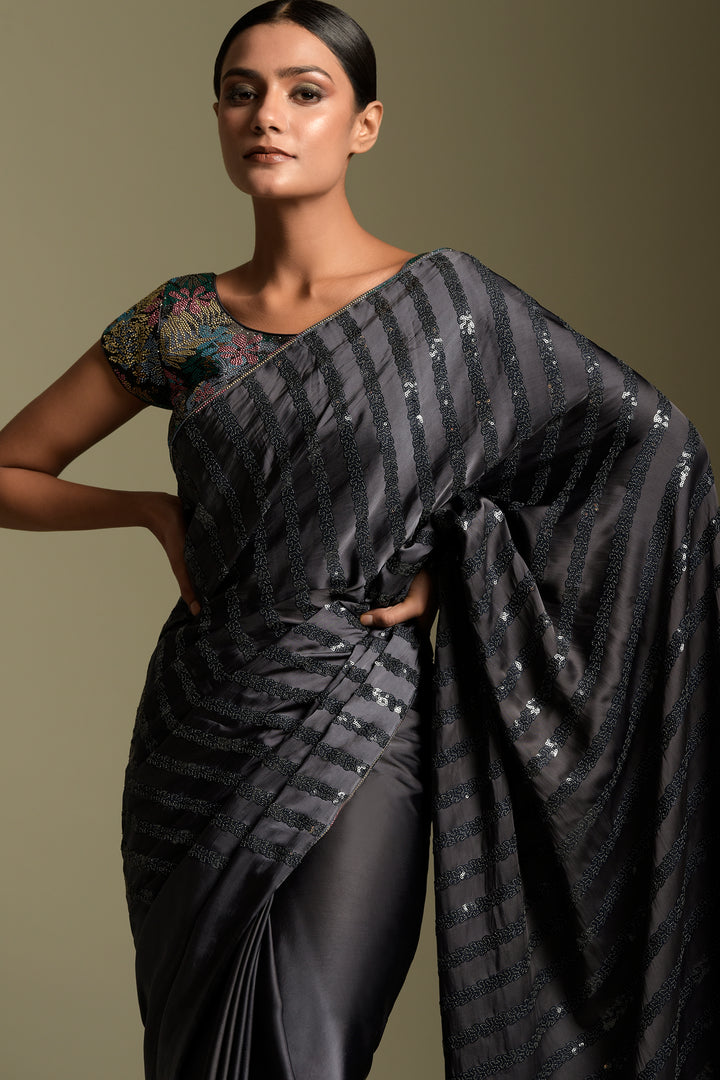 Grey Embroidered Saree Set with A Multicolored Blouse