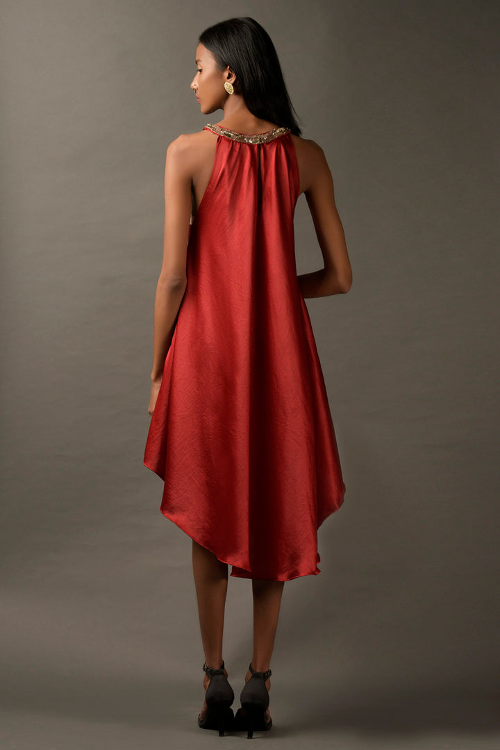 Red Satin Embroidered Dress