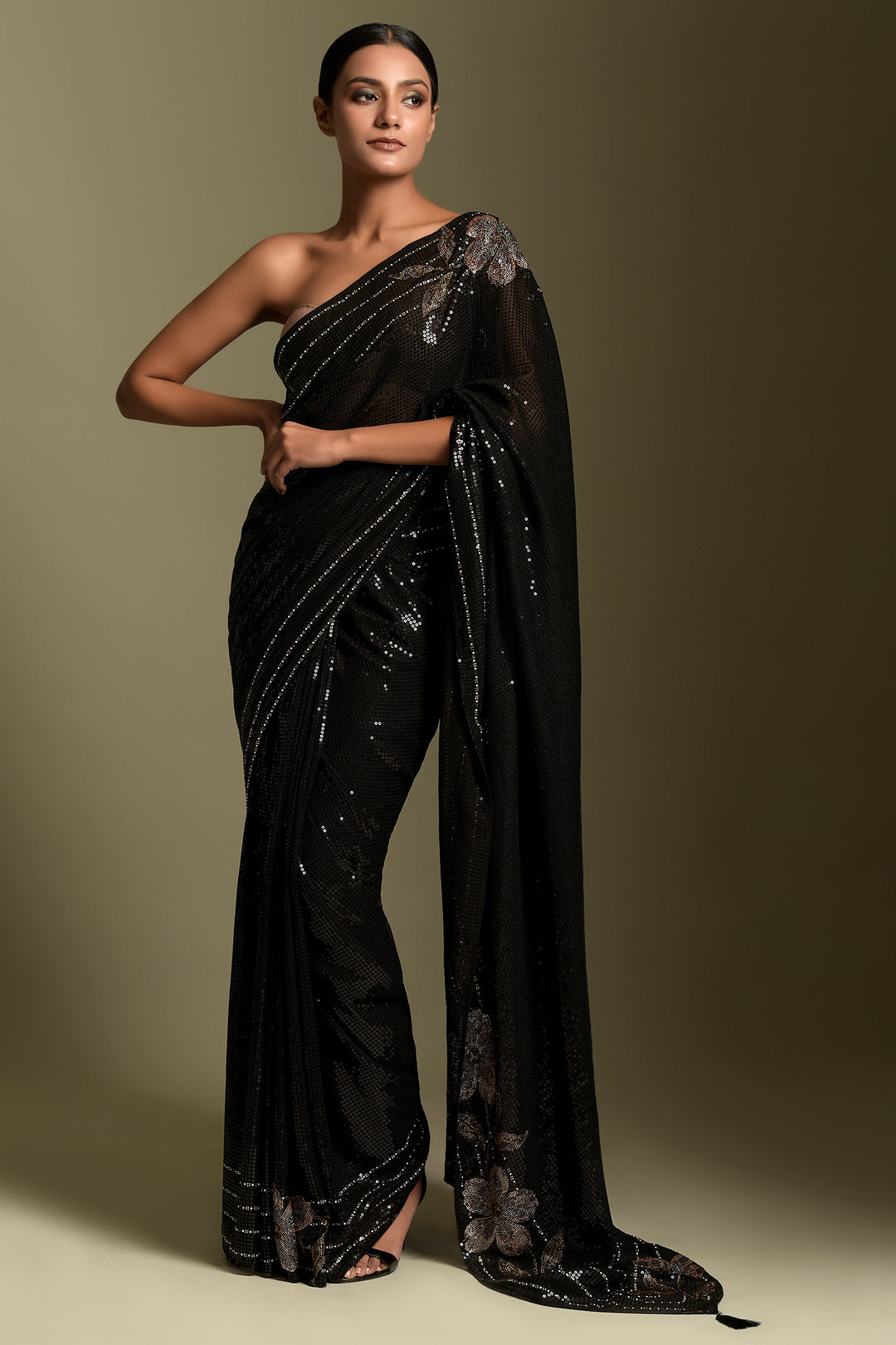 Black Crystal and Sequins Embroidered Saree