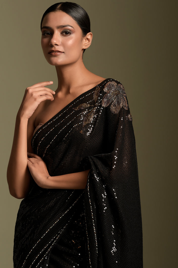 Black Crystal and Sequins Embroidered Saree