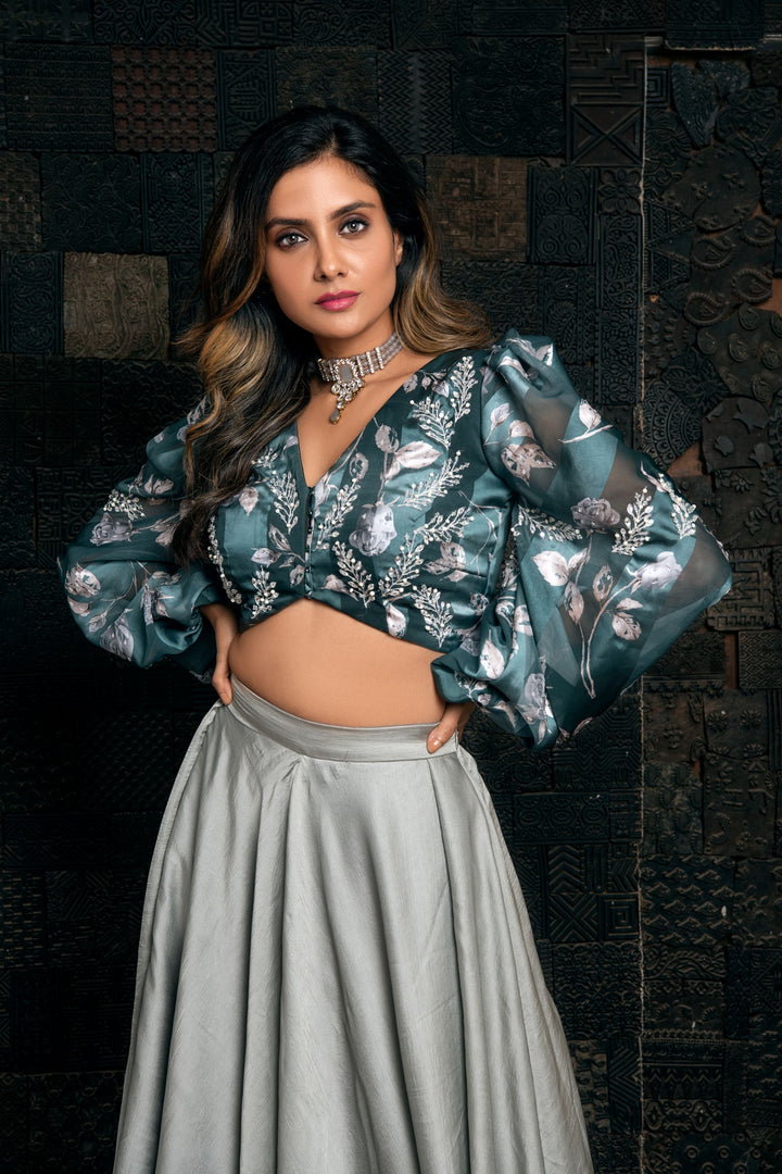 Teal Crop Top & Pant Lehenga Set