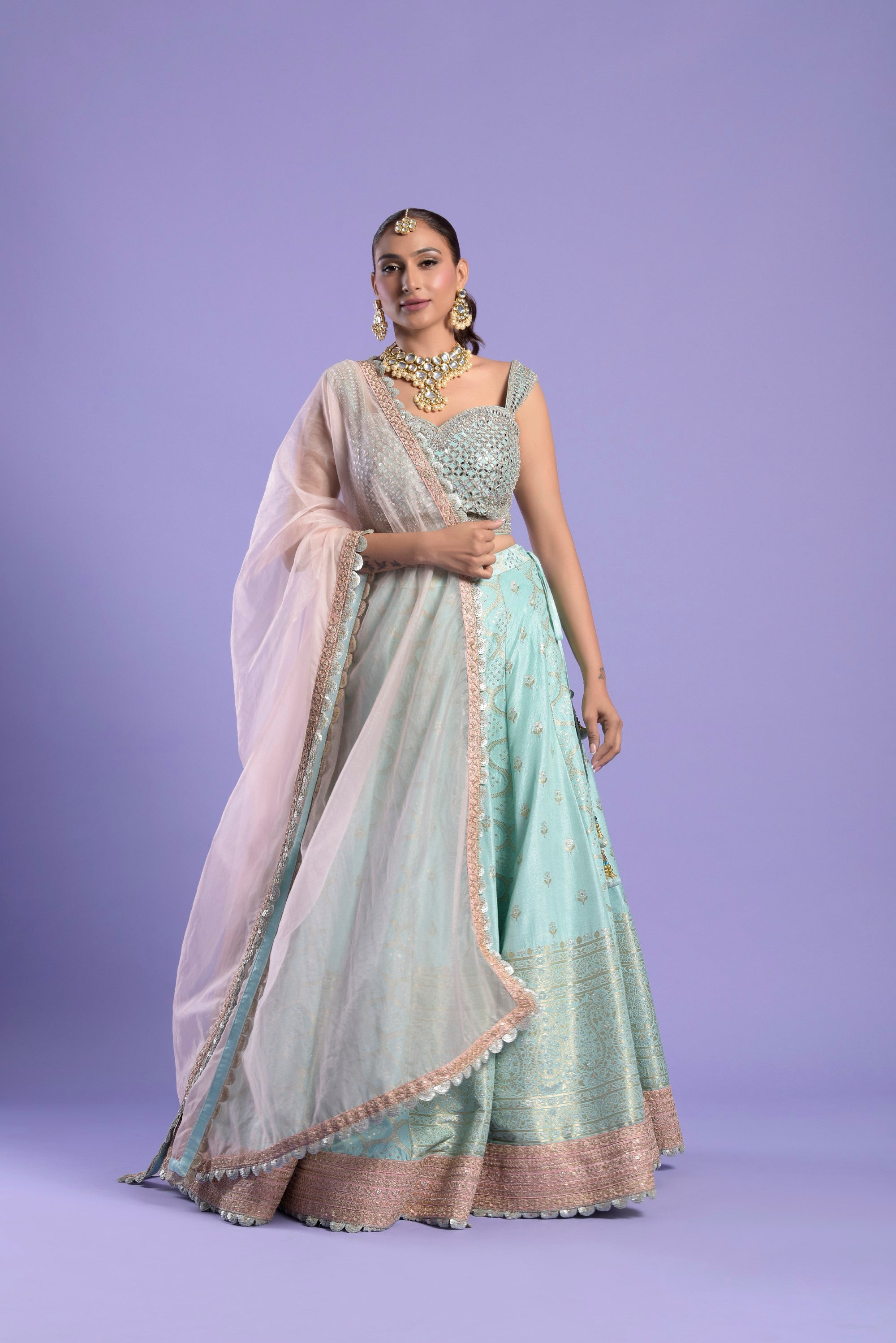 Mint Blue Banarasi Embellished Lehenga Set