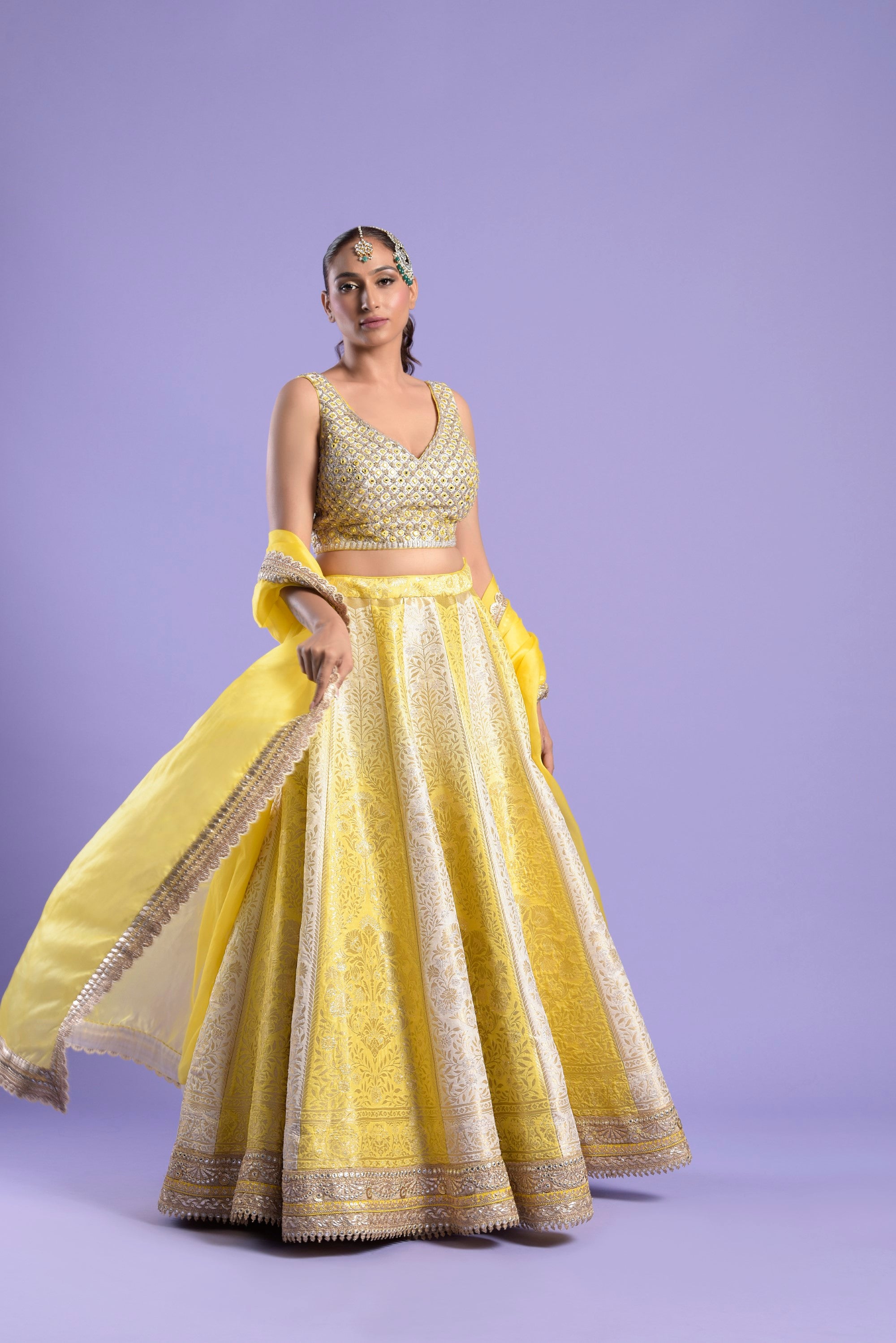 Yellow & Ivory Banarasi Embellished Lehenga Set