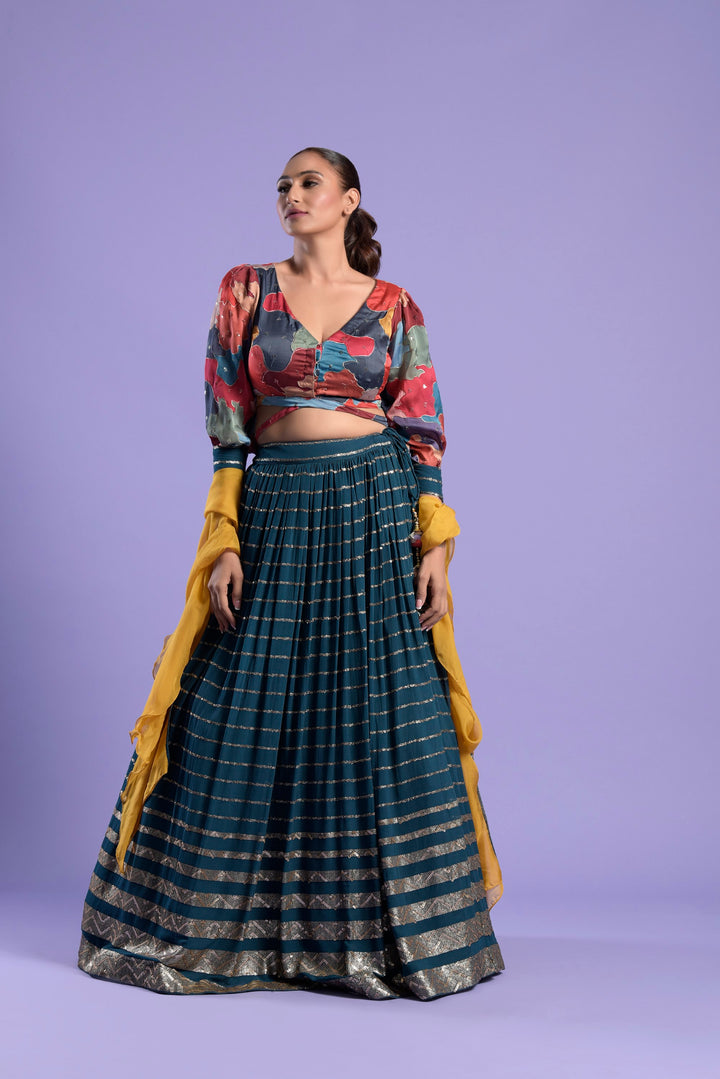 Teal Blue Georgette Kalidar Lehenga Set