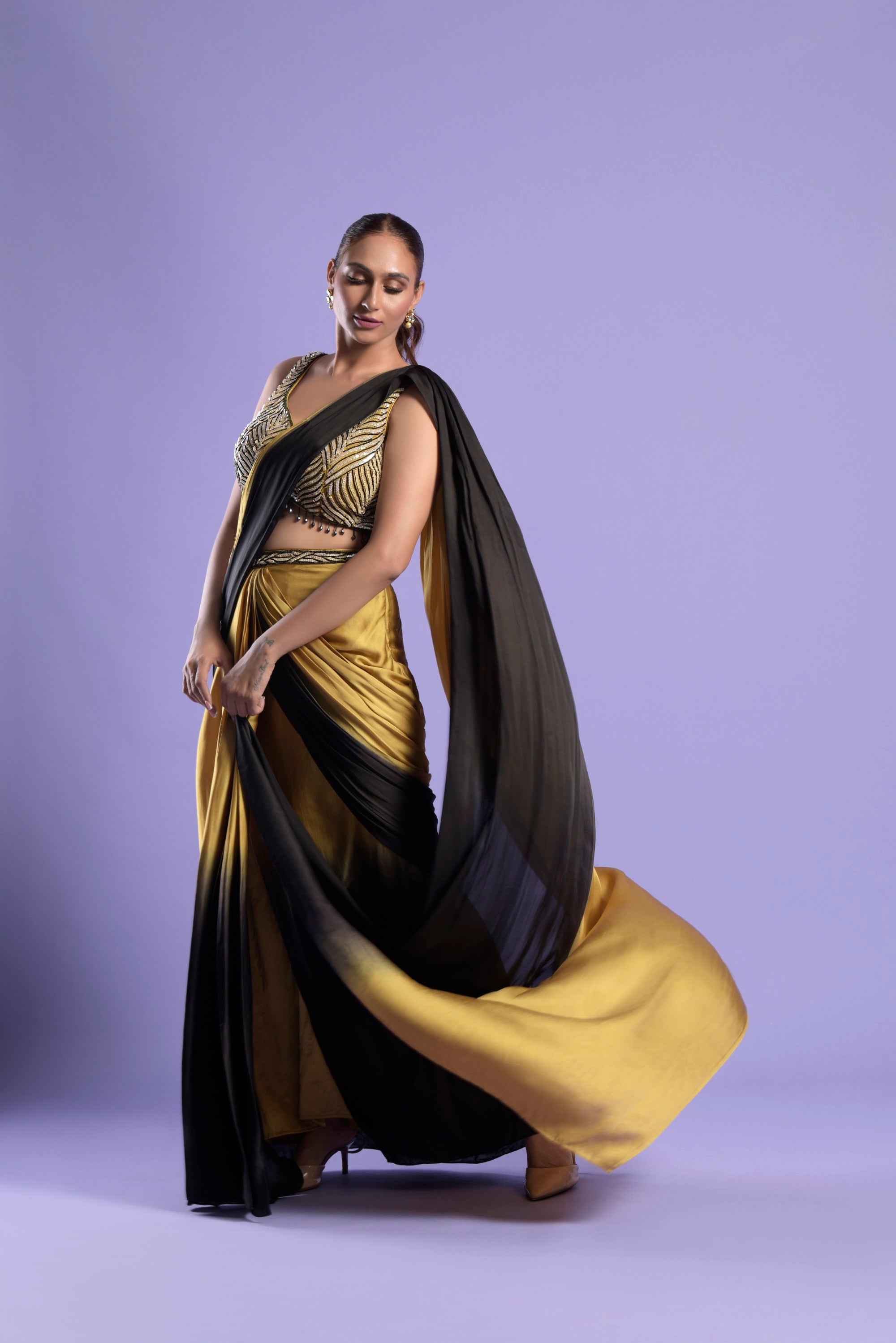 Yellow & Black Ombre Draped Embellished Saree Set