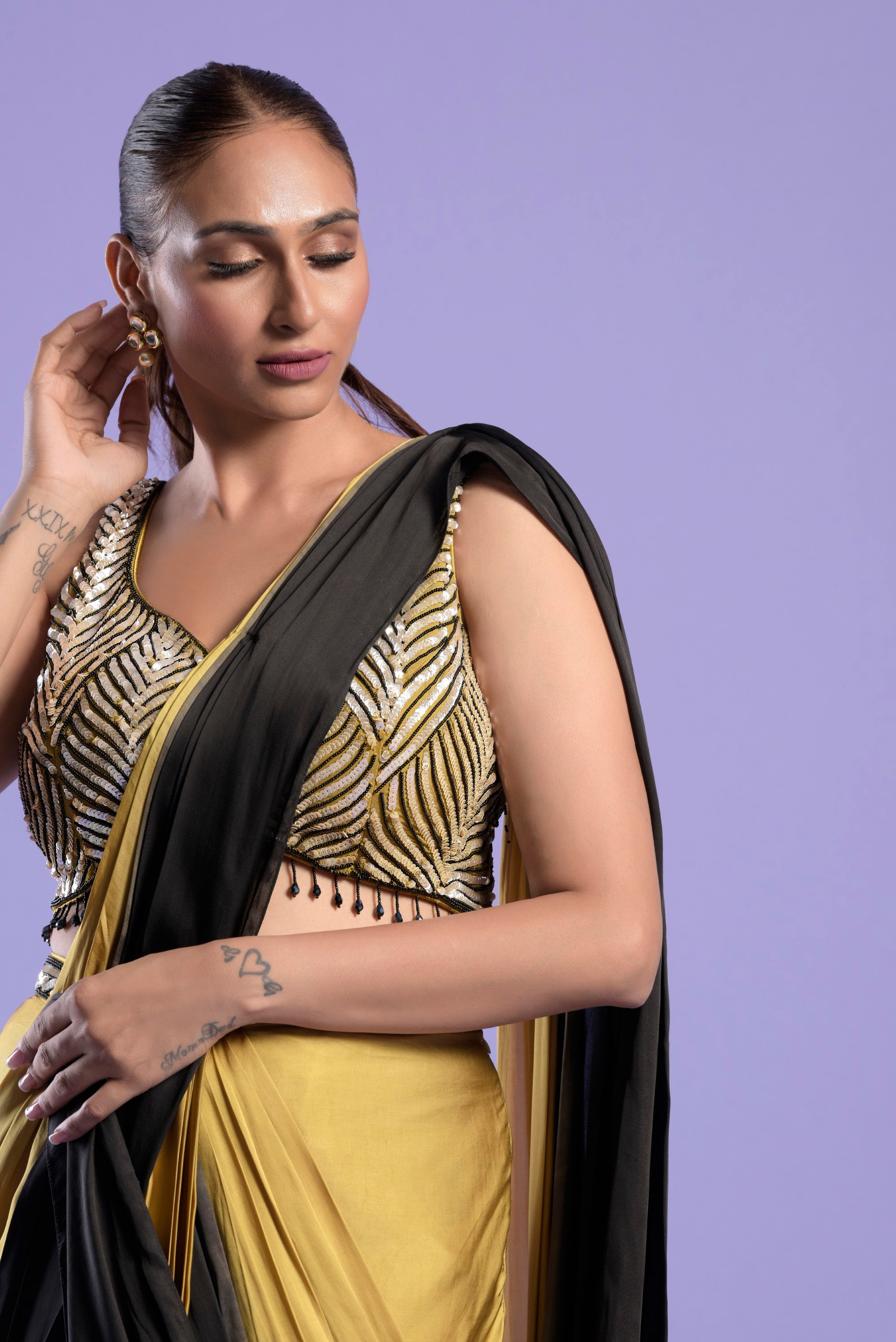Yellow & Black Ombre Draped Embellished Saree Set