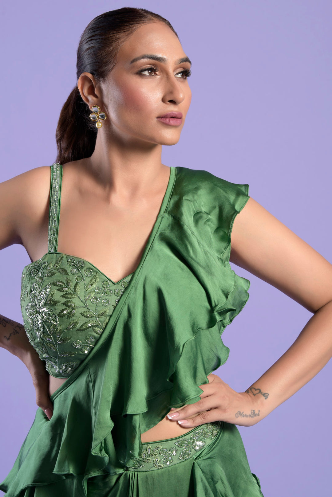Green Embellished Satin Draped Saree