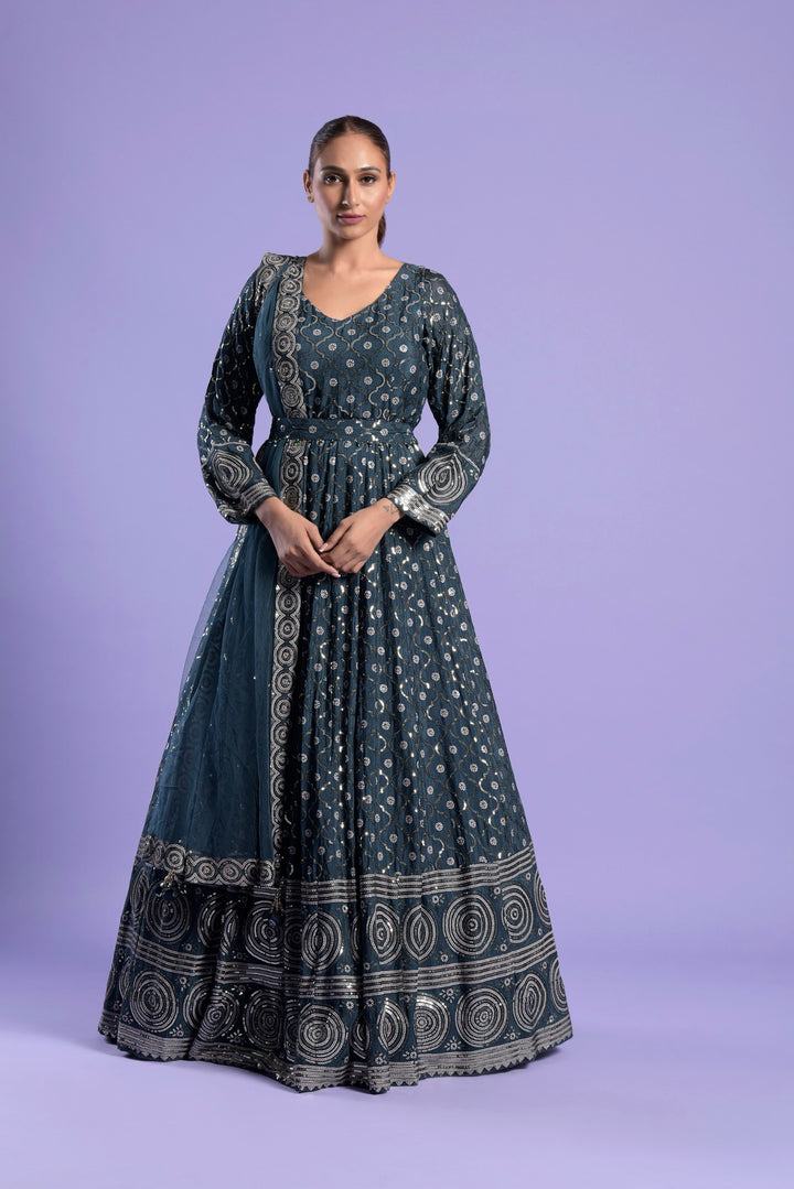 Teal Blue Silk Printed and  Embellished Anarkali Set