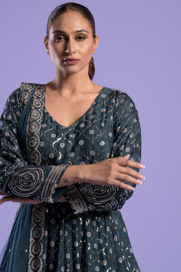 Teal Blue Silk Printed and  Embellished Anarkali Set