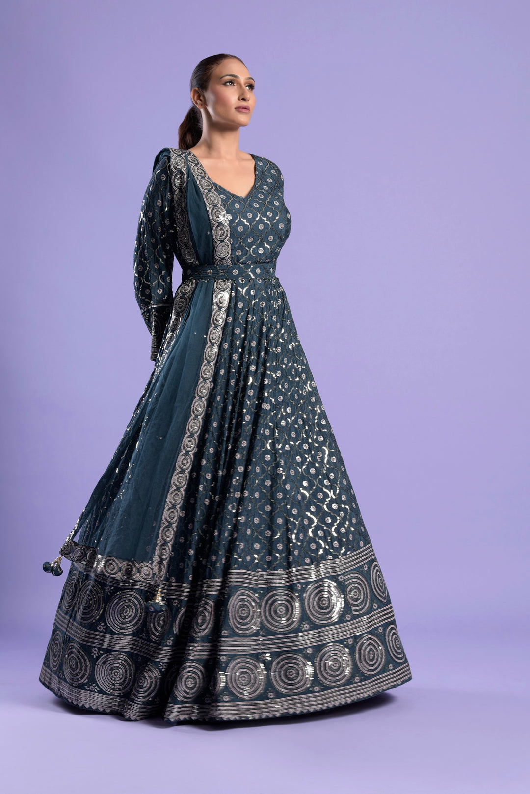 Teal Blue Silk Printed and  Embellished Anarkali Set