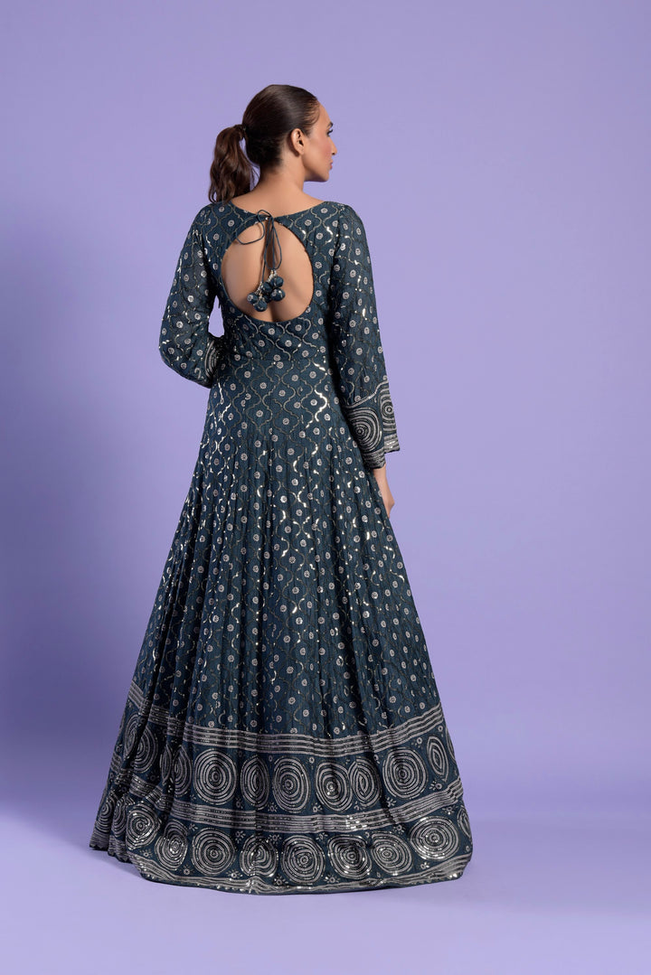 Teal Blue Silk Printed and  Embellished Anarkali Set