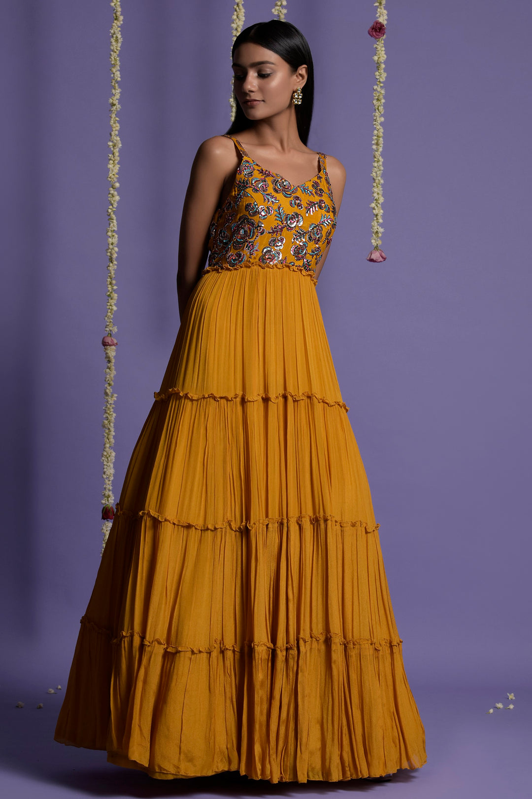 Mustard Multicolored Sequins Embroidered Gown