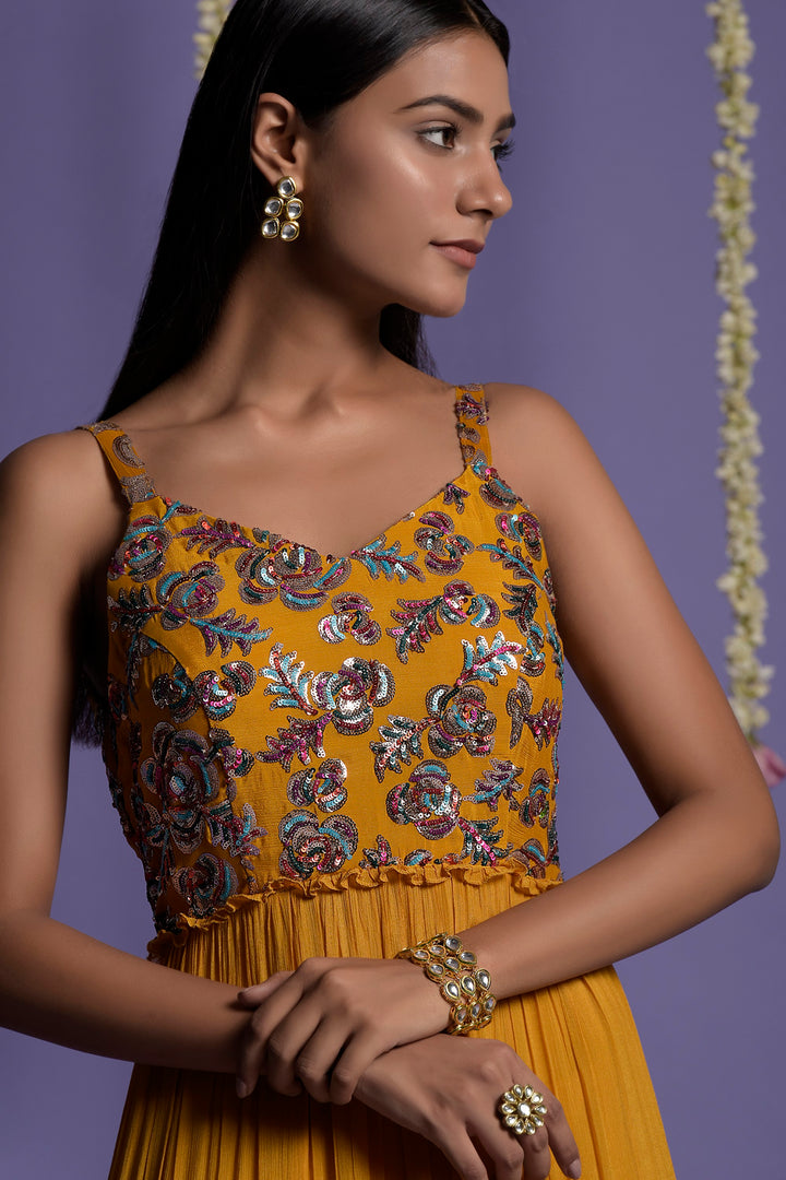 Mustard Multicolored Sequins Embroidered Gown