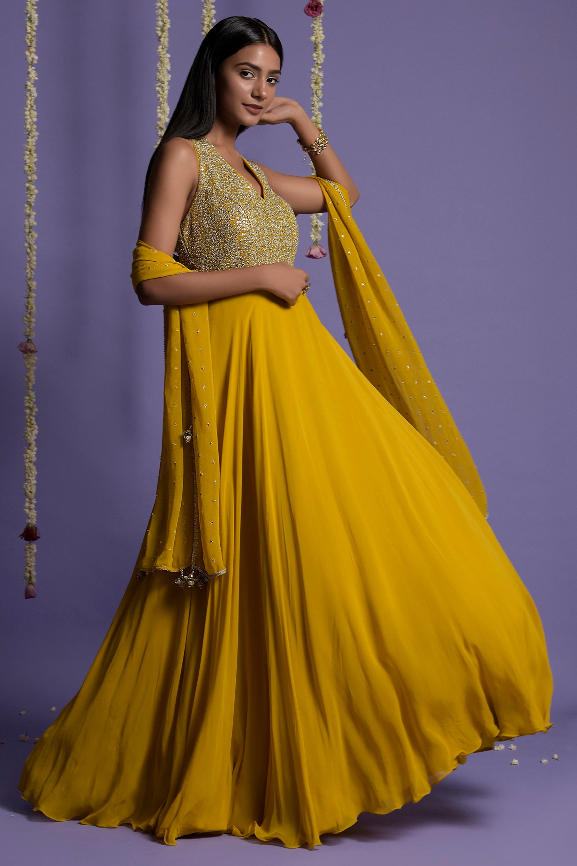 Mustard Georgette Sequins Embellished Anarkali Set