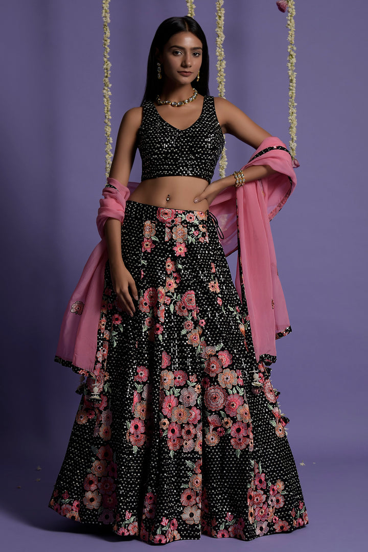 Black Georgette Embroidered Lehenga Set