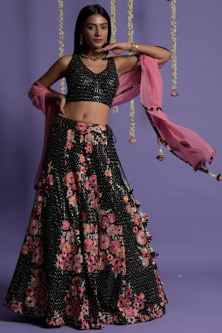 Black Georgette Embroidered Lehenga Set