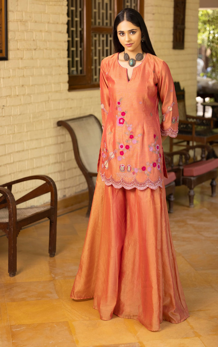 Pink & Orange Dual-Toned Chanderi Sharara Set