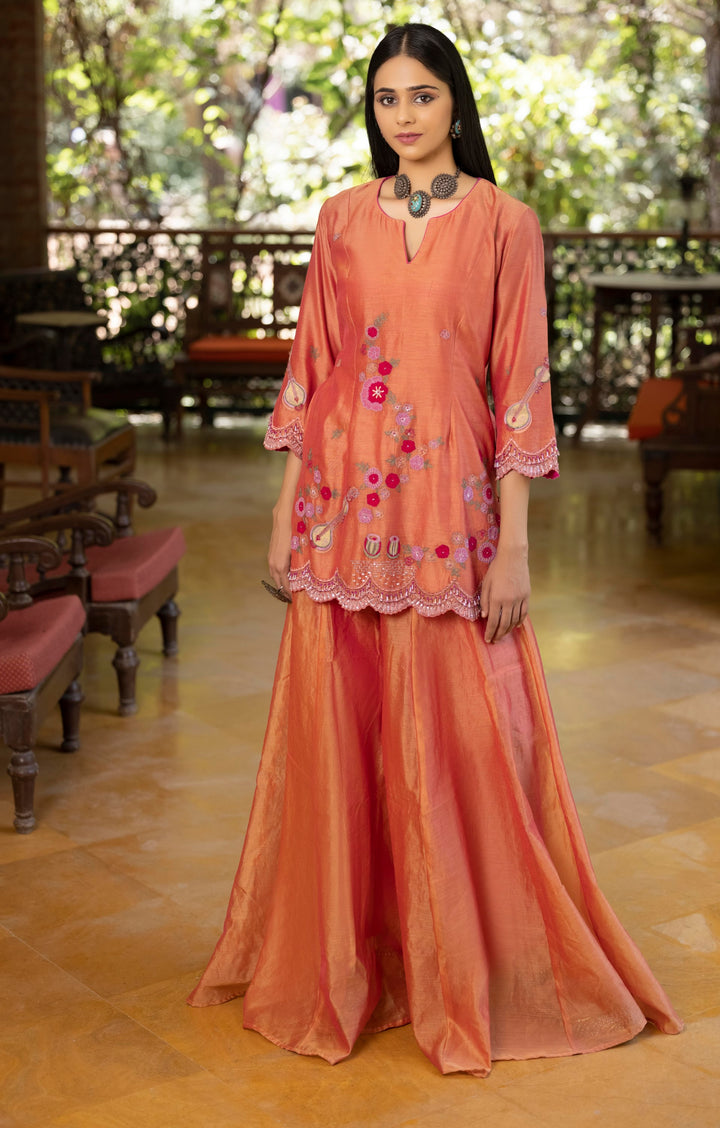 Pink & Orange Dual-Toned Chanderi Sharara Set