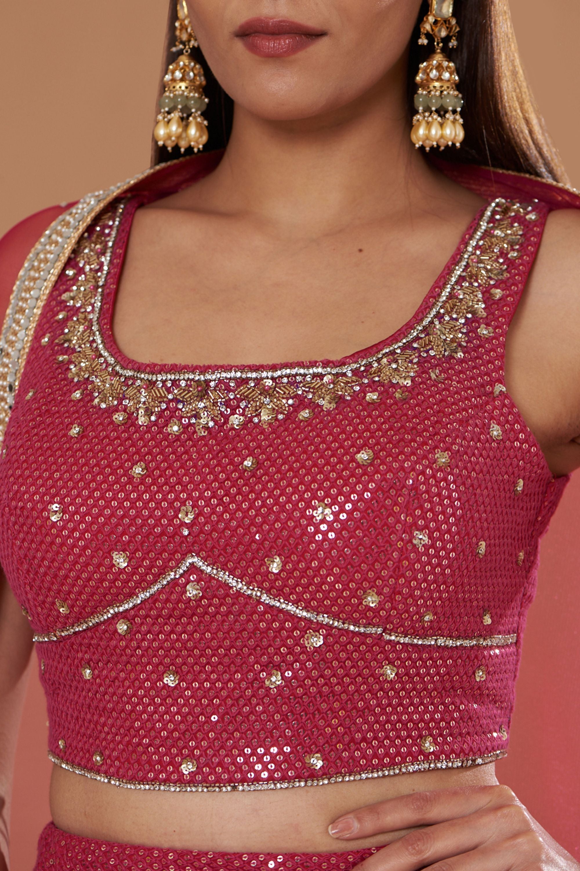 Hot Pink Georgette Chikan Embroidered Lehenga Set