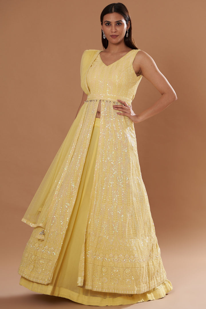 Lemon Yellow Georgette Chikan Embroidered Anarkali Set