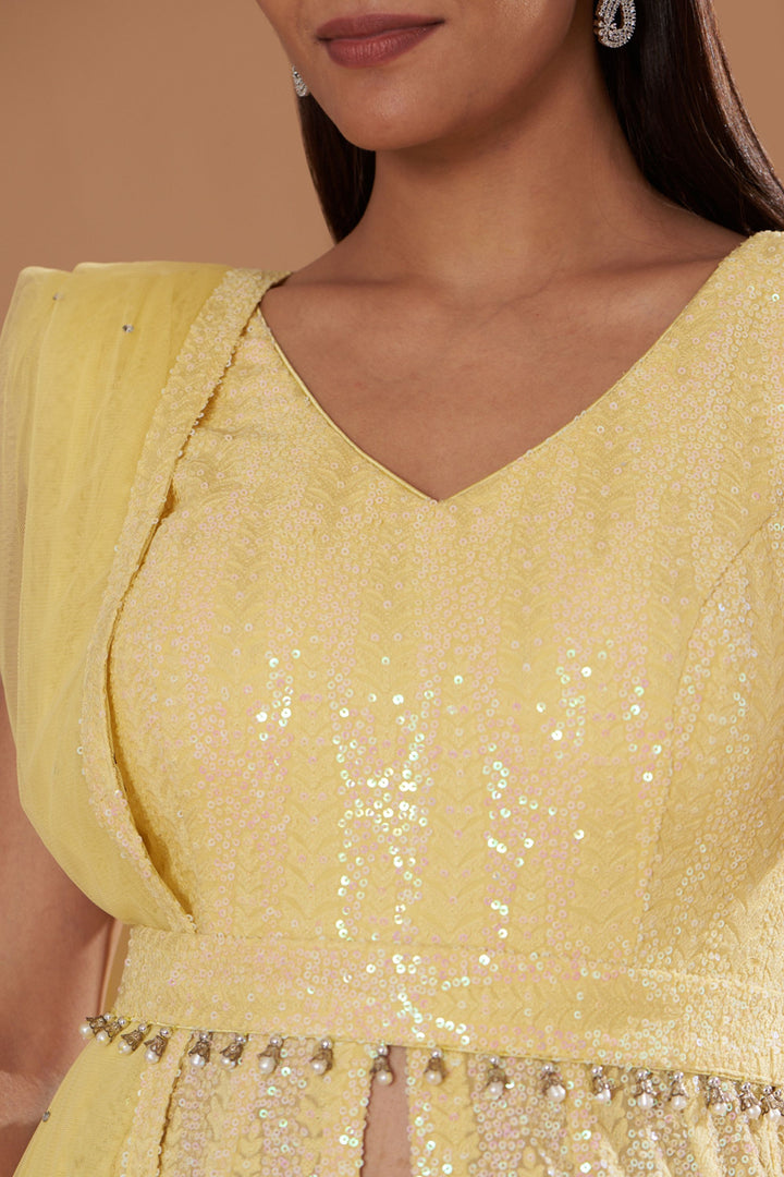 Lemon Yellow Georgette Chikan Embroidered Anarkali Set