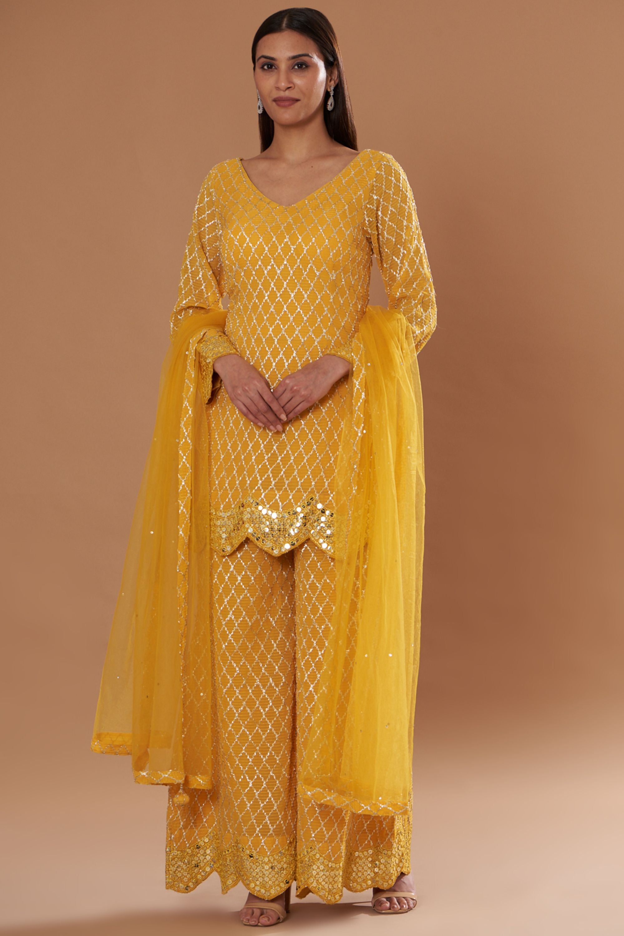Haldi Yellow Georgette Embroidered Sharara Set