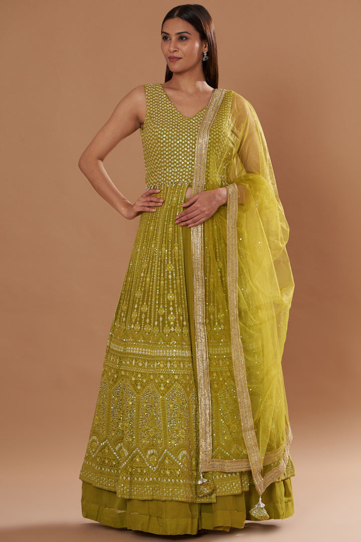 Green Georgette Chikan Embroidered Kurta Set