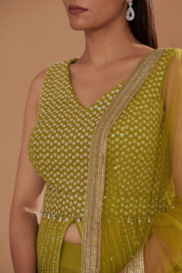 Green Georgette Chikan Embroidered Kurta Set